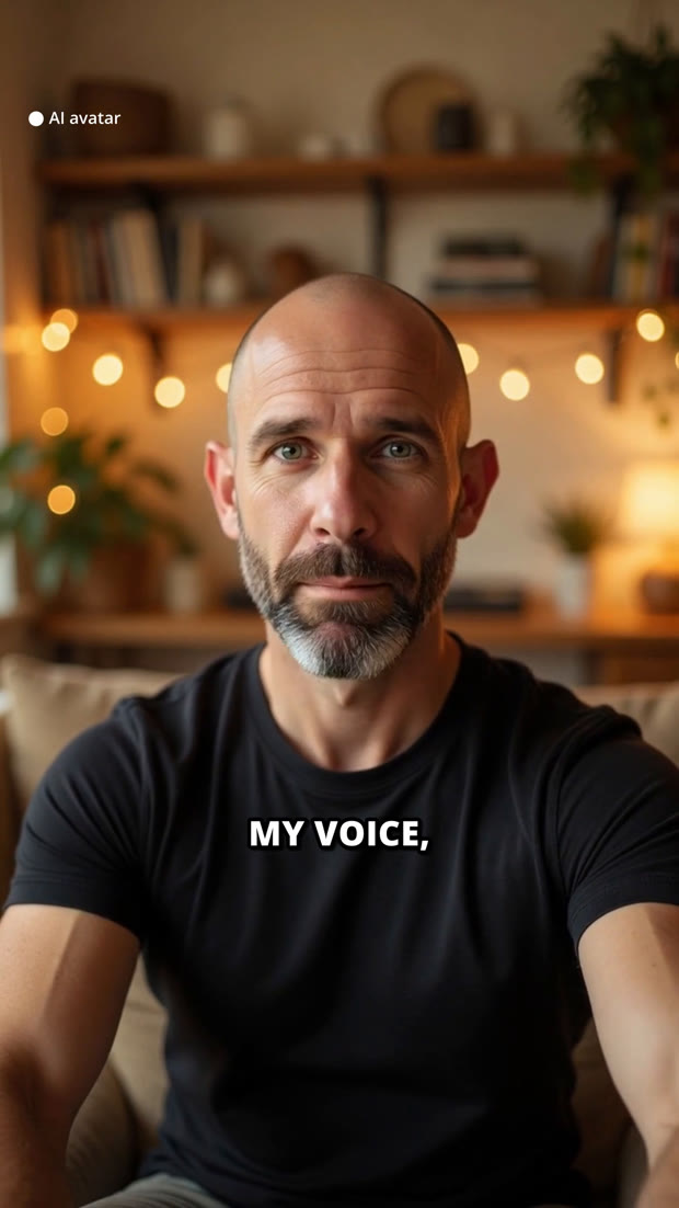A finished vertical ad frame with an AI avatar and a burned-in caption