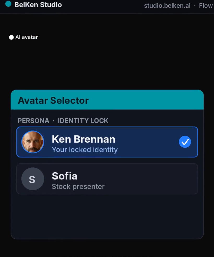 Studio avatar selector showing a locked identity avatar and a stock presenter
